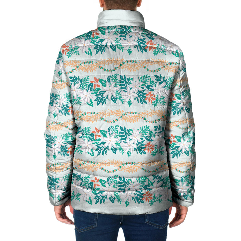 Monstera Tiare Plumeria Lei Pattern Padded Jacket Teal Version