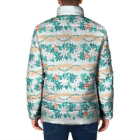 Monstera Tiare Plumeria Lei Pattern Padded Jacket Teal Version