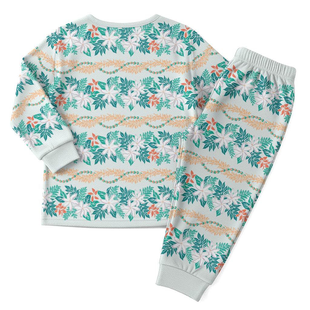 Monstera Tiare Plumeria Lei Pattern Christmas Pajama Set Teal Version LT01 - Polynesian Pride