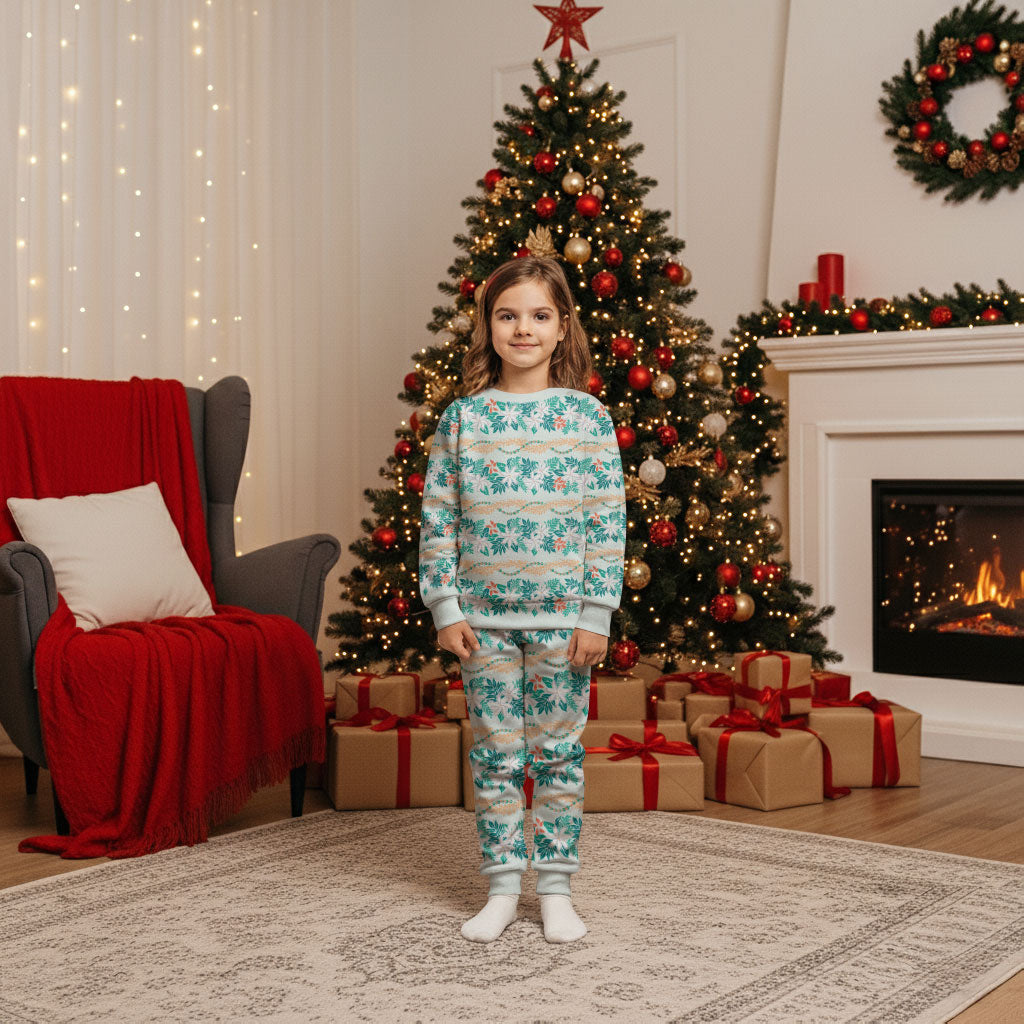 Monstera Tiare Plumeria Lei Pattern Christmas Pajama Set Teal Version LT01 Kid Teal - Polynesian Pride