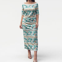 Monstera Tiare Plumeria Lei Pattern Puletasi Teal Version LT01 Long Dress Teal - Polynesian Pride
