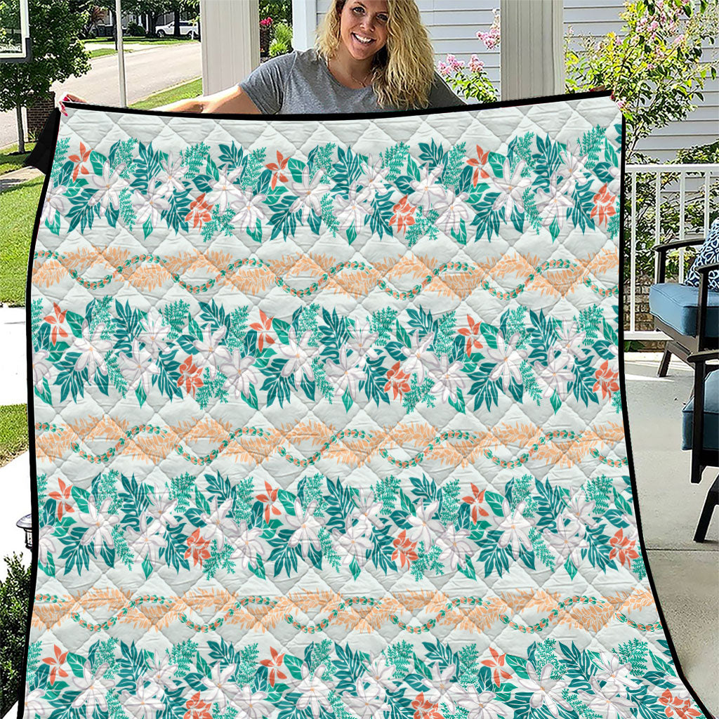 Monstera Tiare Plumeria Lei Pattern Quilt Teal Version