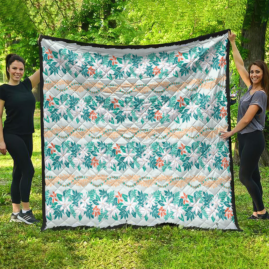 Monstera Tiare Plumeria Lei Pattern Quilt Teal Version