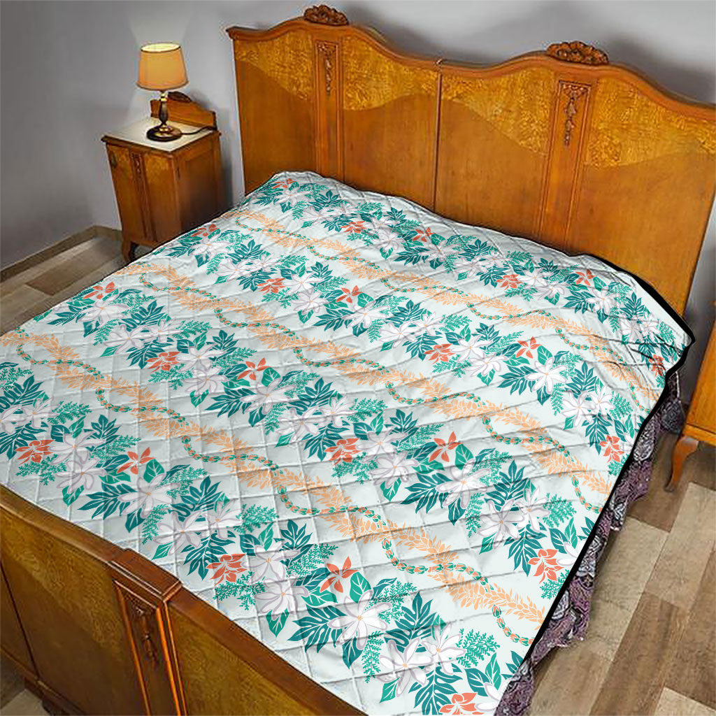 Monstera Tiare Plumeria Lei Pattern Quilt Teal Version