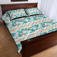 Monstera Tiare Plumeria Lei Pattern Quilt Bed Set Teal Version