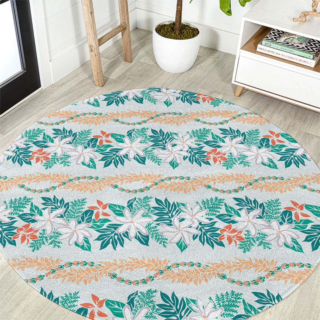 Monstera Tiare Plumeria Lei Pattern Round Carpet Teal Version
