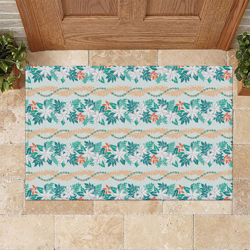 Monstera Tiare Plumeria Lei Pattern Rubber Doormat Teal Version