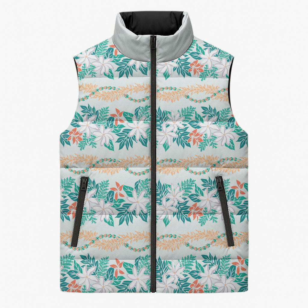 Monstera Tiare Plumeria Lei Pattern Sleeveless Puffer Jacket Teal Version