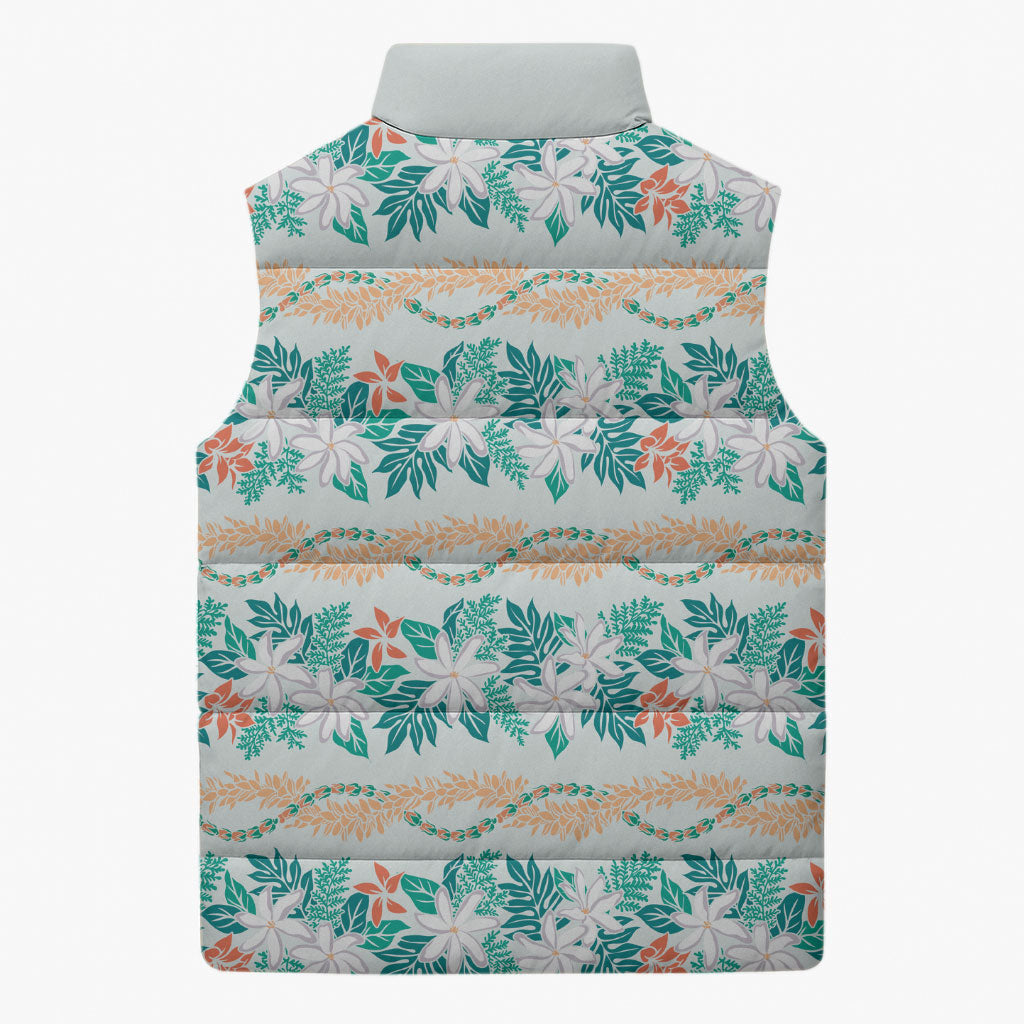 Monstera Tiare Plumeria Lei Pattern Sleeveless Puffer Jacket Teal Version LT01 - Polynesian Pride
