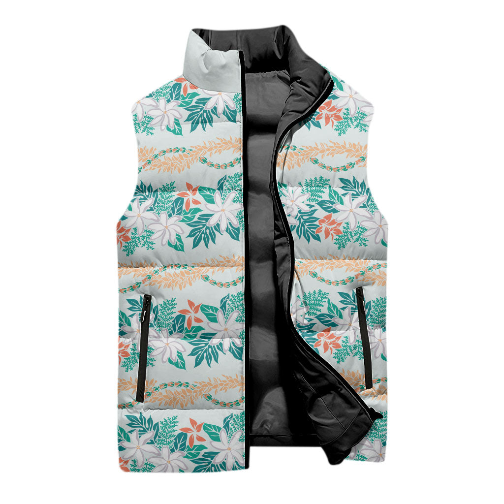 Monstera Tiare Plumeria Lei Pattern Sleeveless Puffer Jacket Teal Version LT01 - Polynesian Pride
