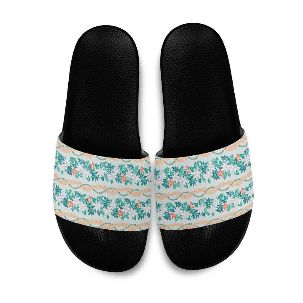 Monstera Tiare Plumeria Lei Pattern Slide Sandals Teal Version
