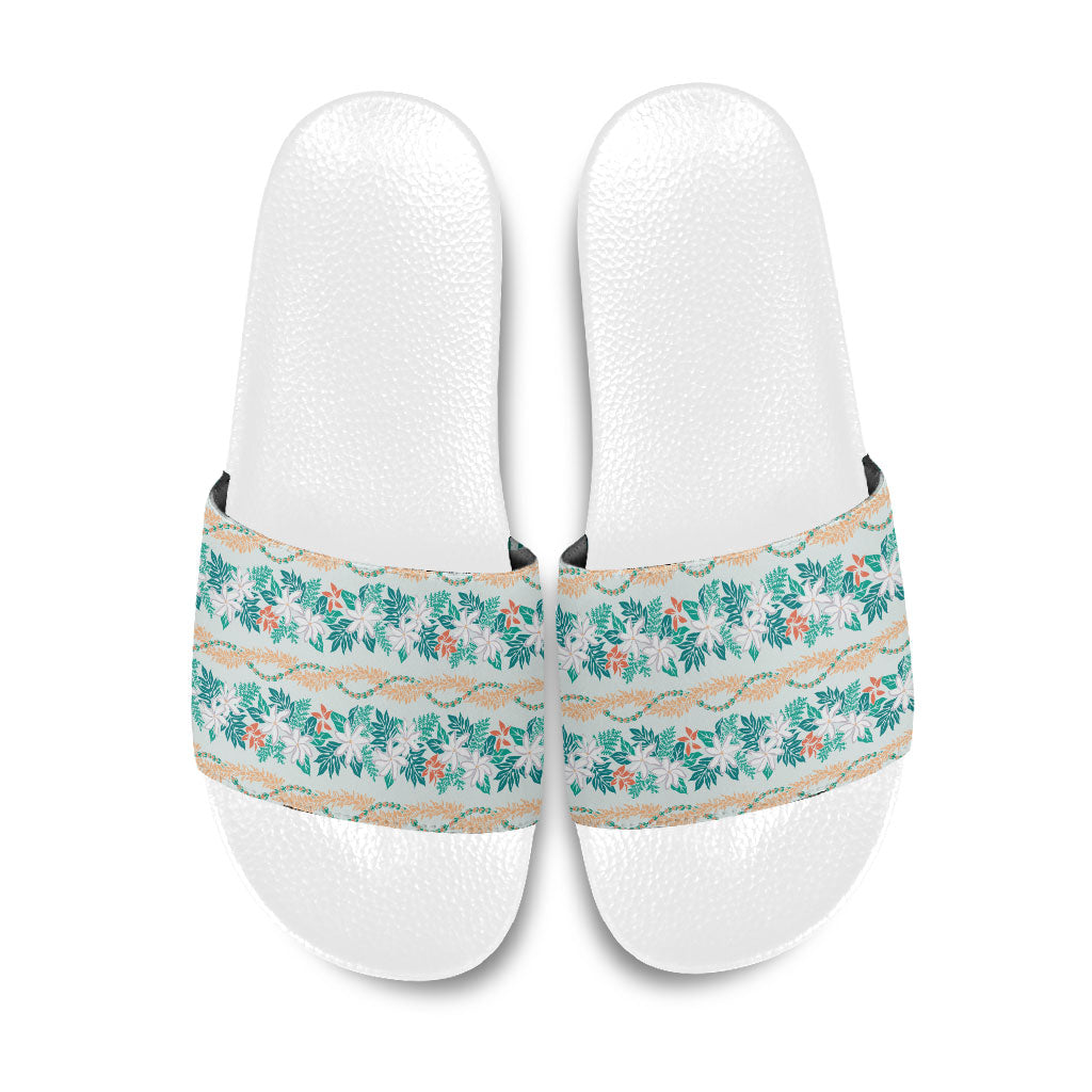 Monstera Tiare Plumeria Lei Pattern Slide Sandals Teal Version