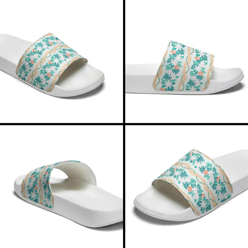Monstera Tiare Plumeria Lei Pattern Slide Sandals Teal Version