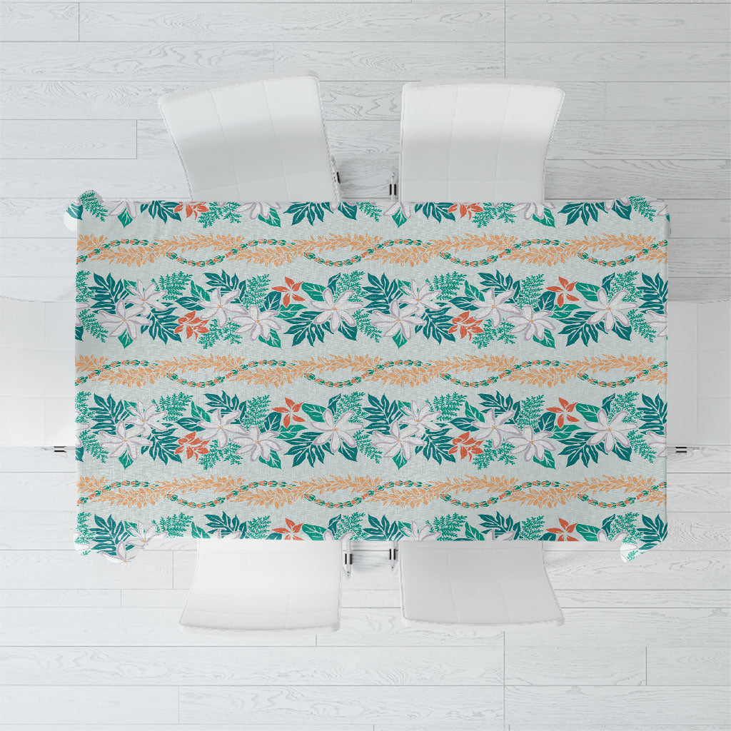 Monstera Tiare Plumeria Lei Pattern Tablecloth Teal Version