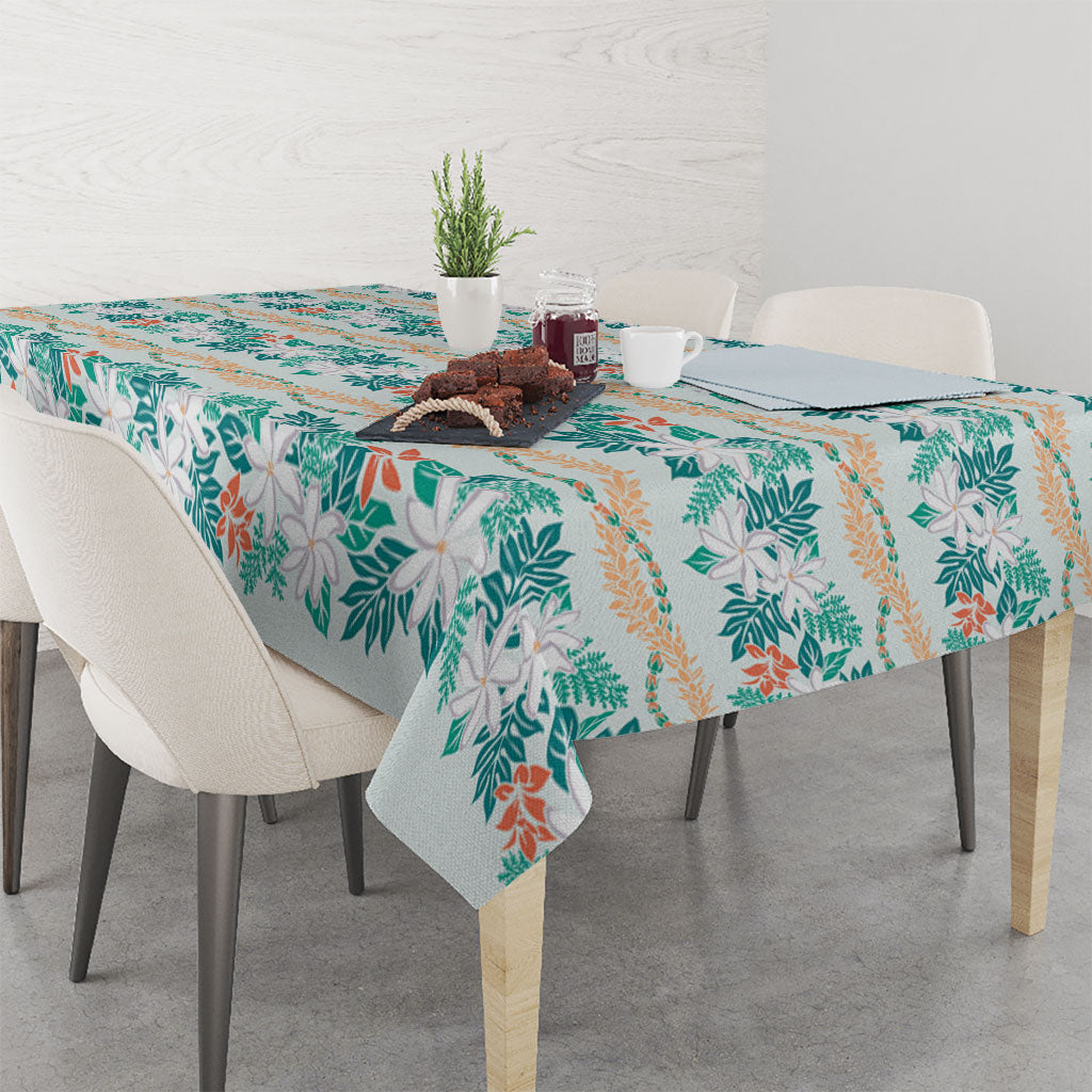 Monstera Tiare Plumeria Lei Pattern Tablecloth Teal Version