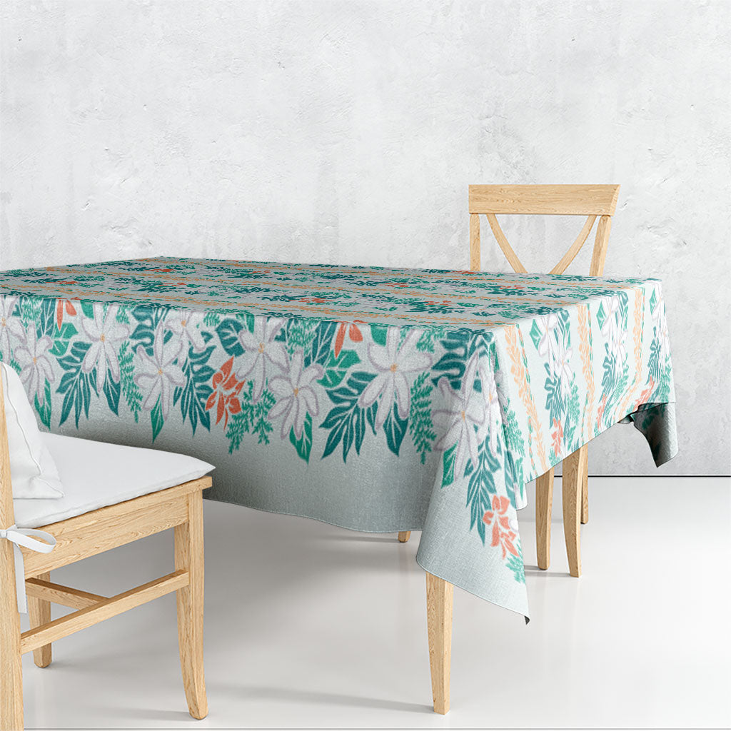 Monstera Tiare Plumeria Lei Pattern Tablecloth Teal Version