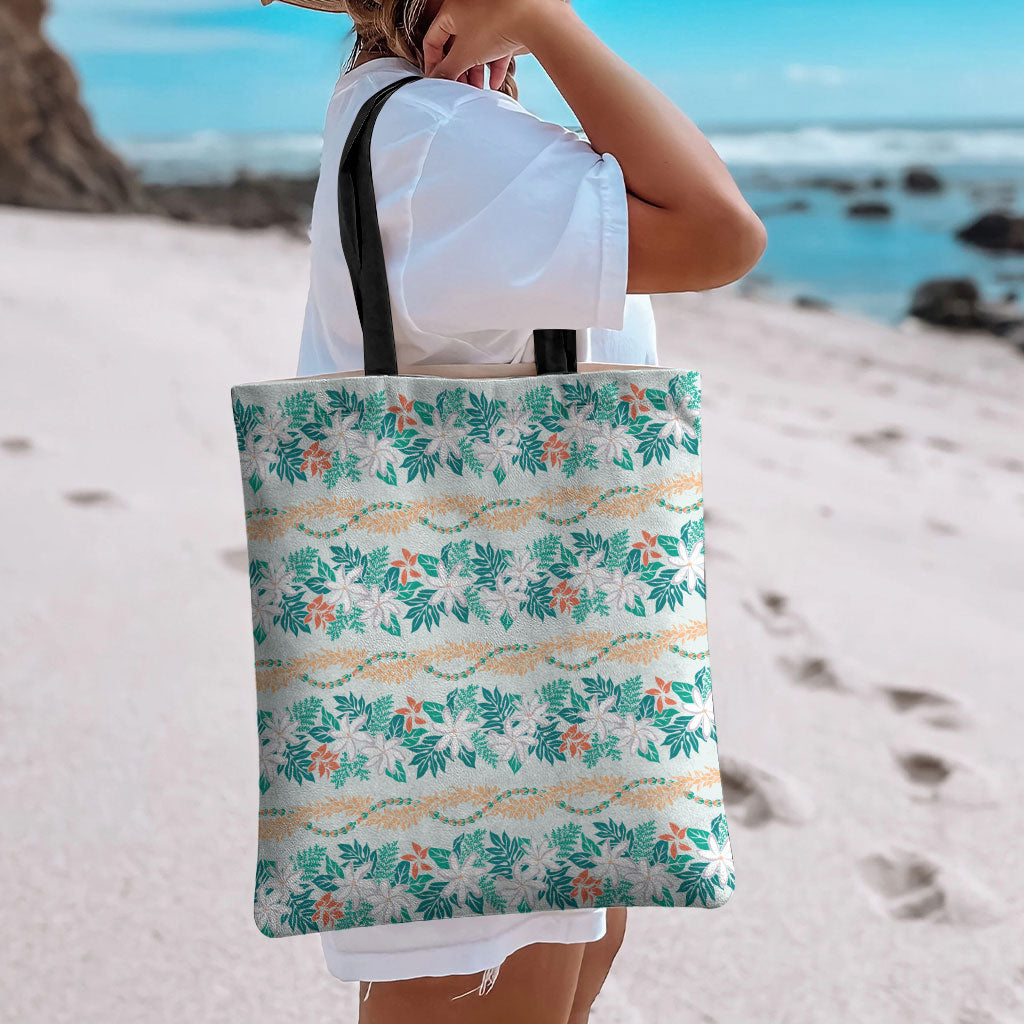 Monstera Tiare Plumeria Lei Pattern Tote Bag Teal Version