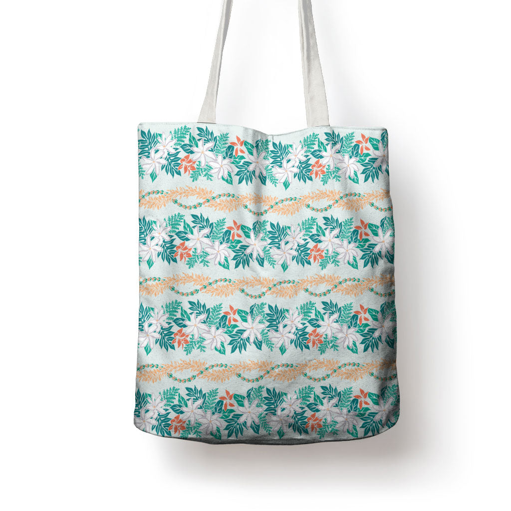 Monstera Tiare Plumeria Lei Pattern Tote Bag Teal Version