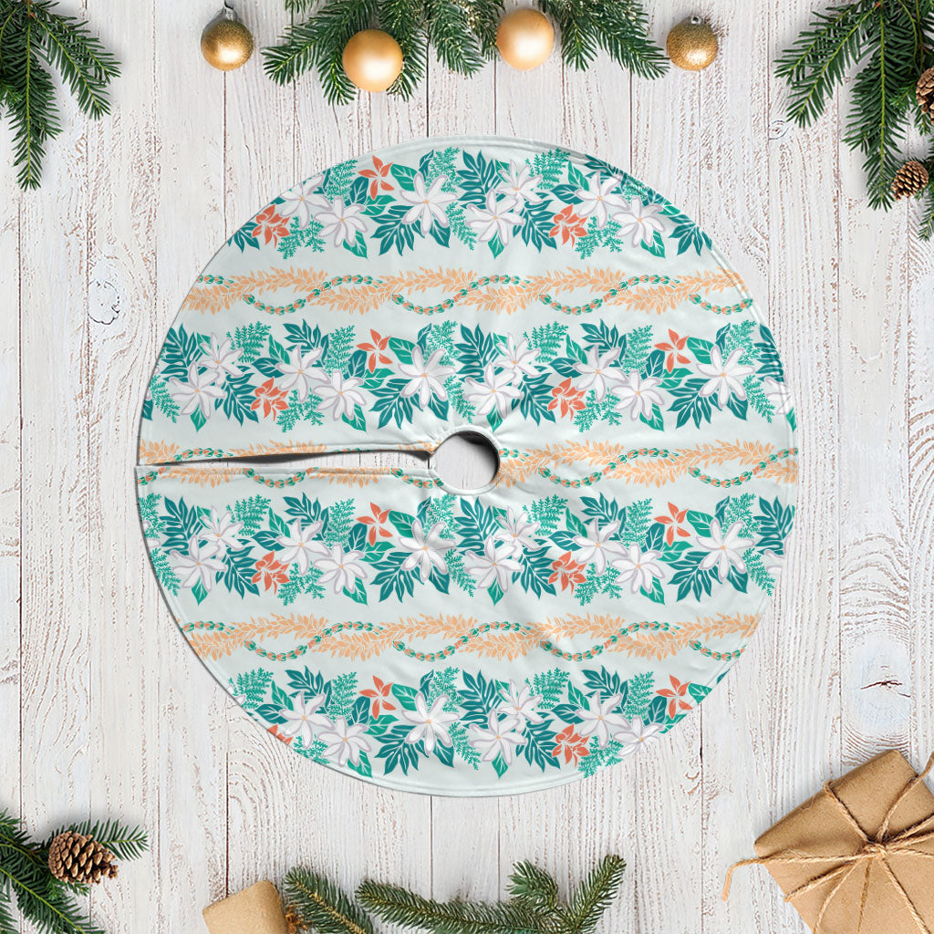 Monstera Tiare Plumeria Lei Pattern Tree Skirt Teal Version