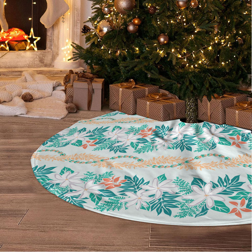 Monstera Tiare Plumeria Lei Pattern Tree Skirt Teal Version
