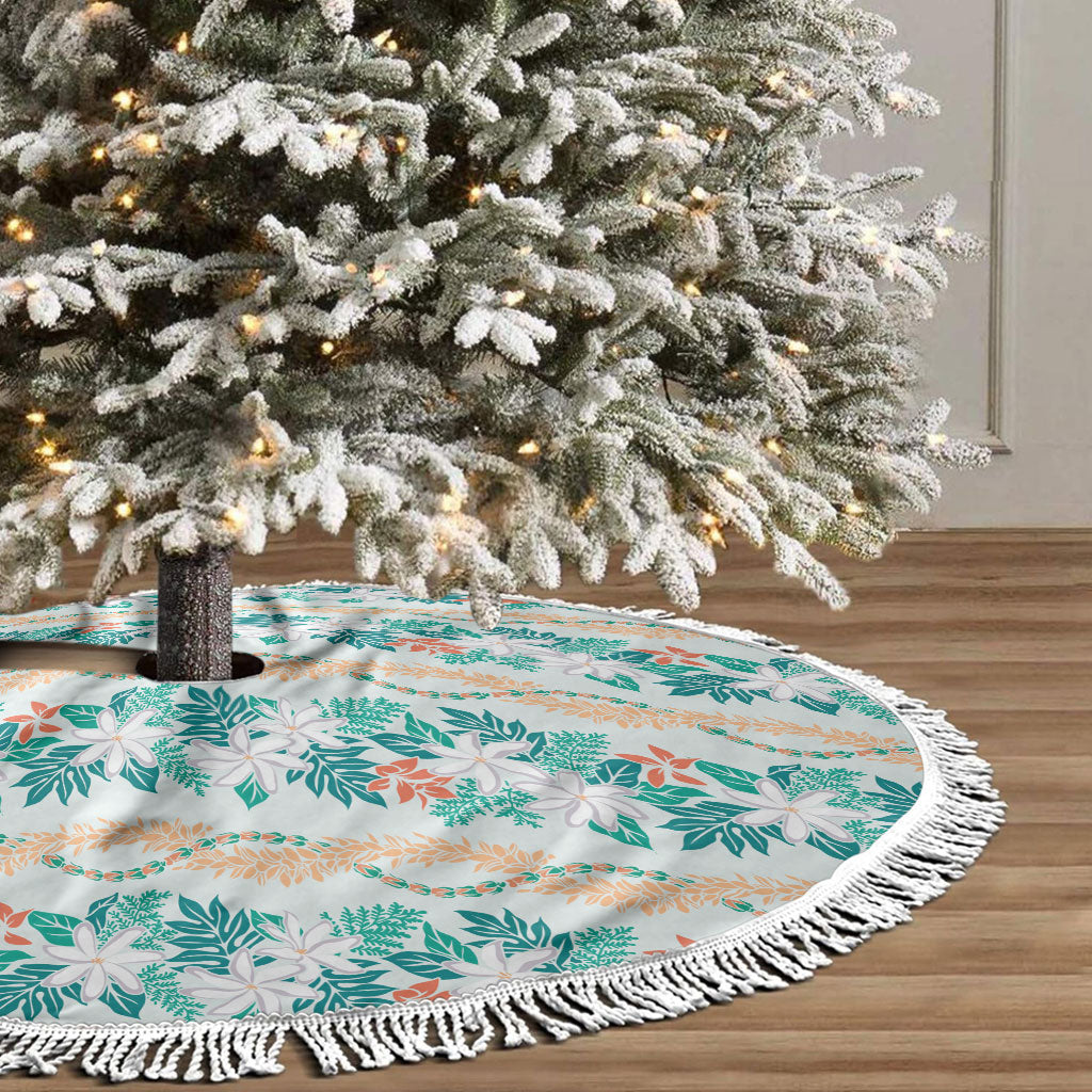 Monstera Tiare Plumeria Lei Pattern Tree Skirt Teal Version