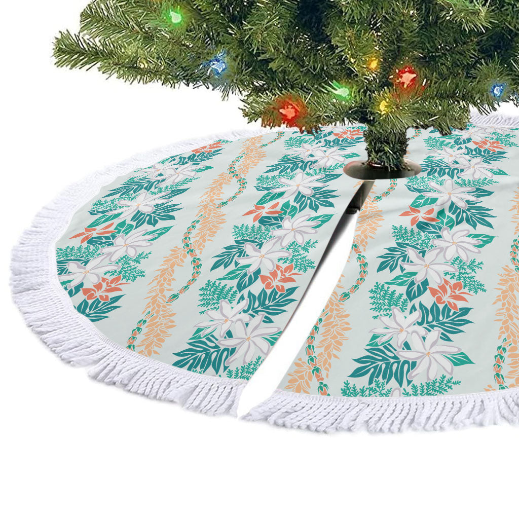 Monstera Tiare Plumeria Lei Pattern Tree Skirt Teal Version