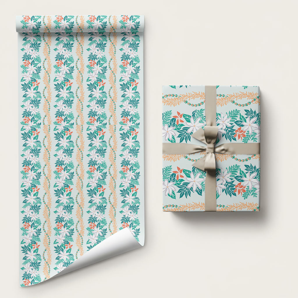 Monstera Tiare Plumeria Lei Pattern Wrapping Paper Teal Version