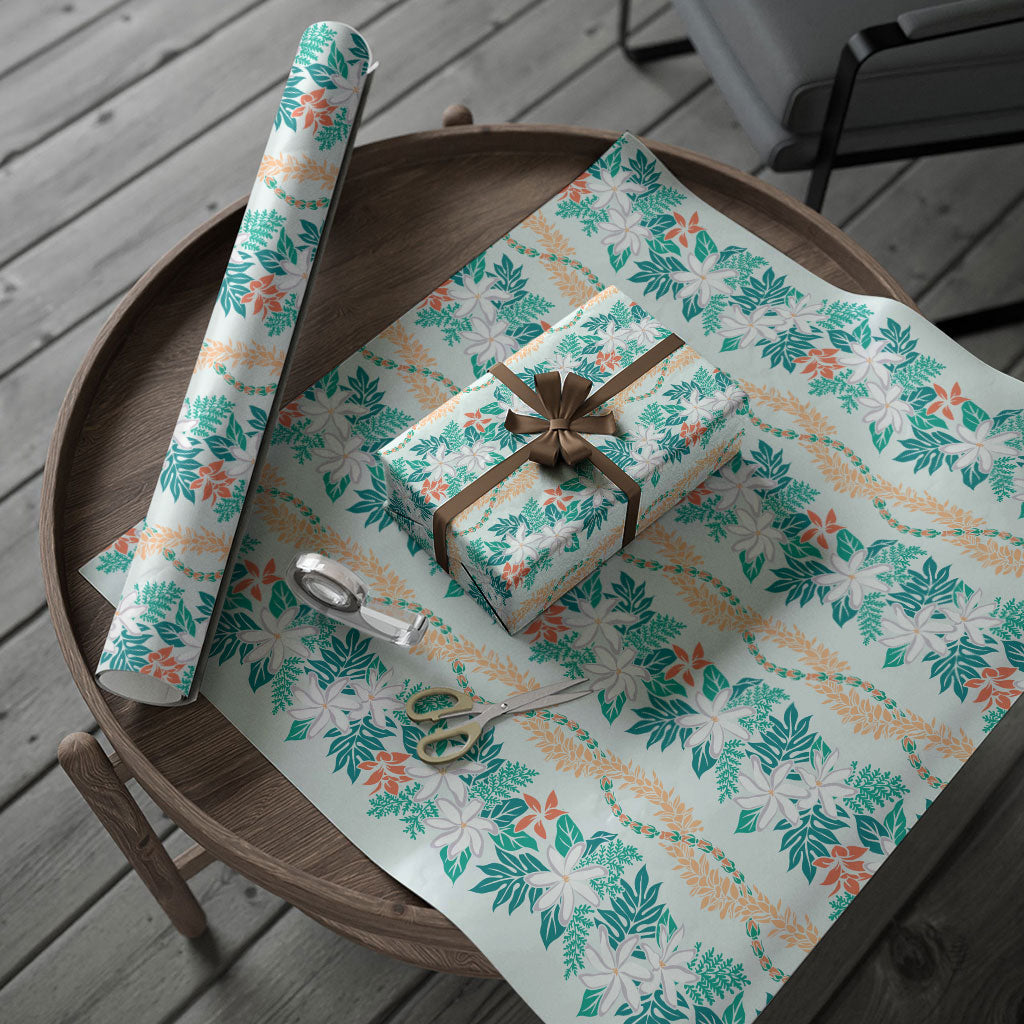 Monstera Tiare Plumeria Lei Pattern Wrapping Paper Teal Version