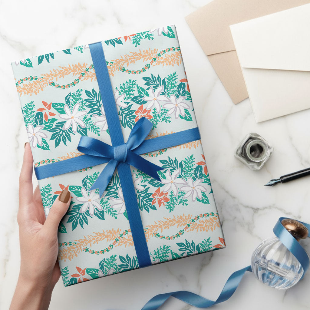 Monstera Tiare Plumeria Lei Pattern Wrapping Paper Teal Version