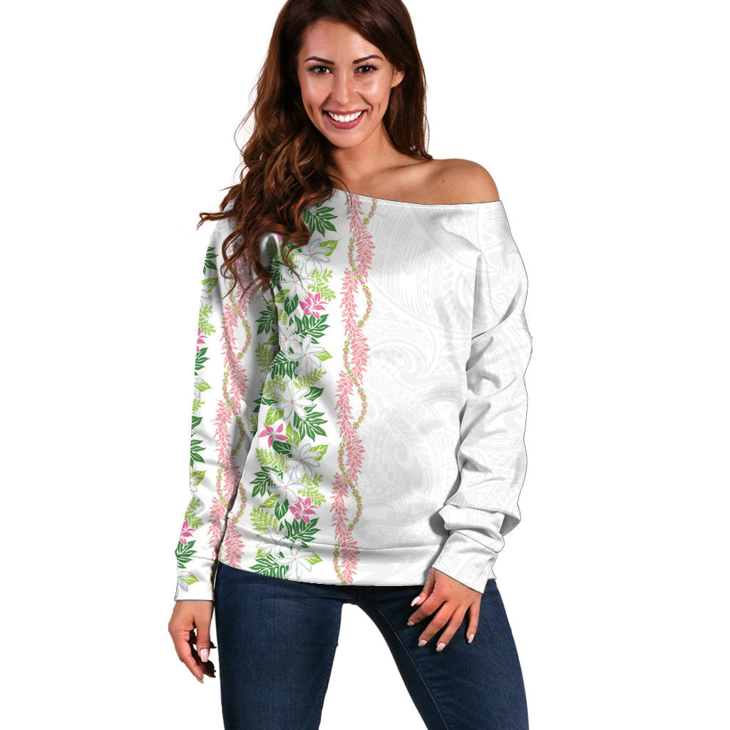 Monstera Tiare Plumeria Off Shoulder Sweater Green Polynesian Pattern LT01 Women Green - Polynesian Pride