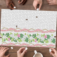 Monstera Tiare Plumeria Puzzle Green Polynesian Pattern