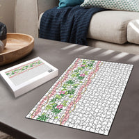 Monstera Tiare Plumeria Puzzle Green Polynesian Pattern