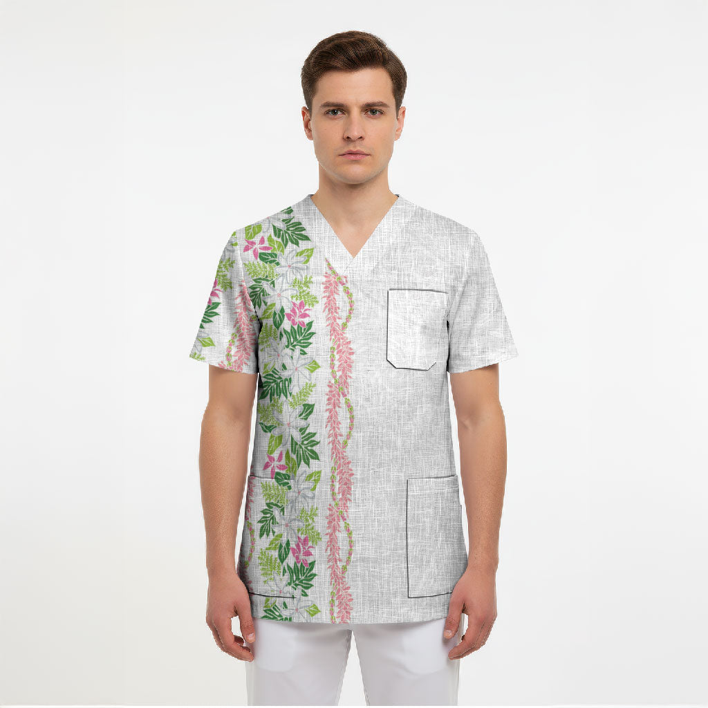 Monstera Tiare Plumeria Scrub Top Green Polynesian Pattern LT01 - Polynesian Pride