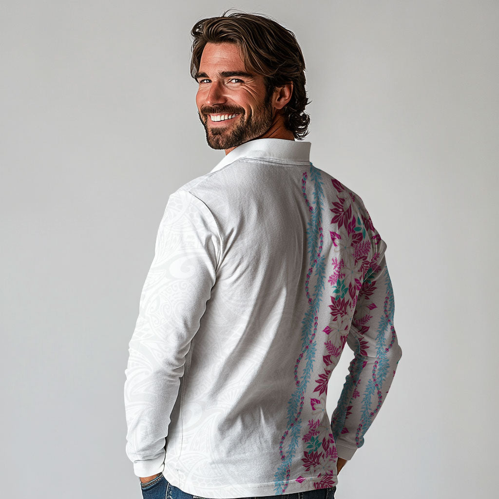 Monstera Tiare Plumeria Long Sleeve Polo Shirt Pink Polynesian Pattern LT01 - Polynesian Pride