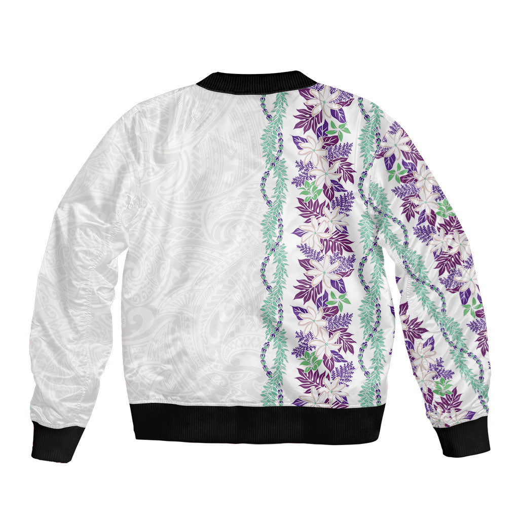 Monstera Tiare Plumeria Sleeve Zip Bomber Jacket Purple Polynesian Pattern LT01 - Polynesian Pride