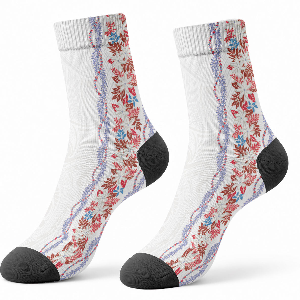 Monstera Tiare Plumeria Crew Socks Red Polynesian Pattern LT01 - Polynesian Pride