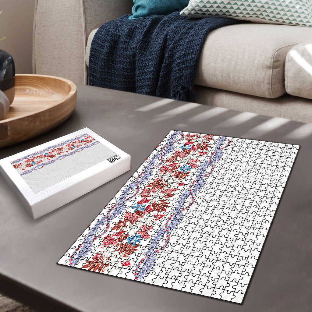 Monstera Tiare Plumeria Puzzle Red Polynesian Pattern