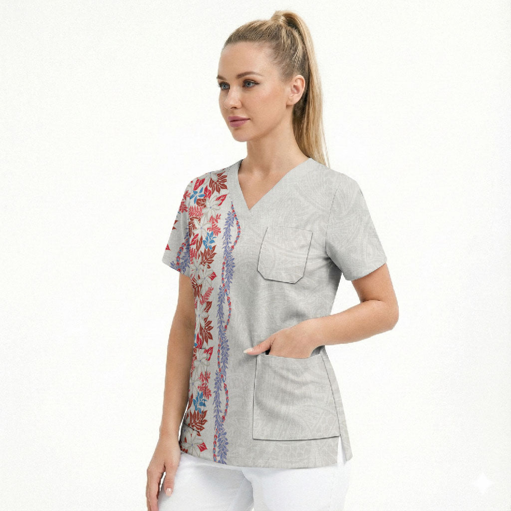 Monstera Tiare Plumeria Scrub Top Red Polynesian Pattern LT01 - Polynesian Pride