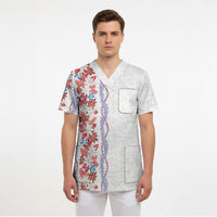 Monstera Tiare Plumeria Scrub Top Red Polynesian Pattern LT01 - Polynesian Pride