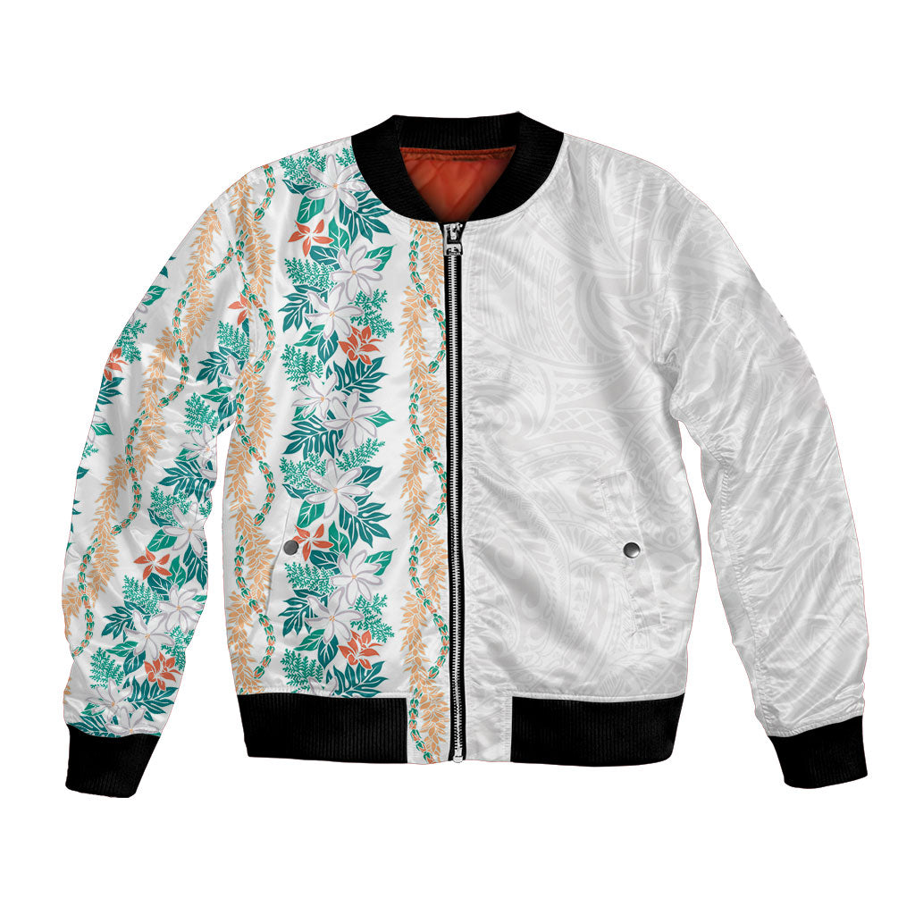 Monstera Tiare Plumeria Bomber Jacket Teal Polynesian Pattern LT01 Unisex Teal - Polynesian Pride