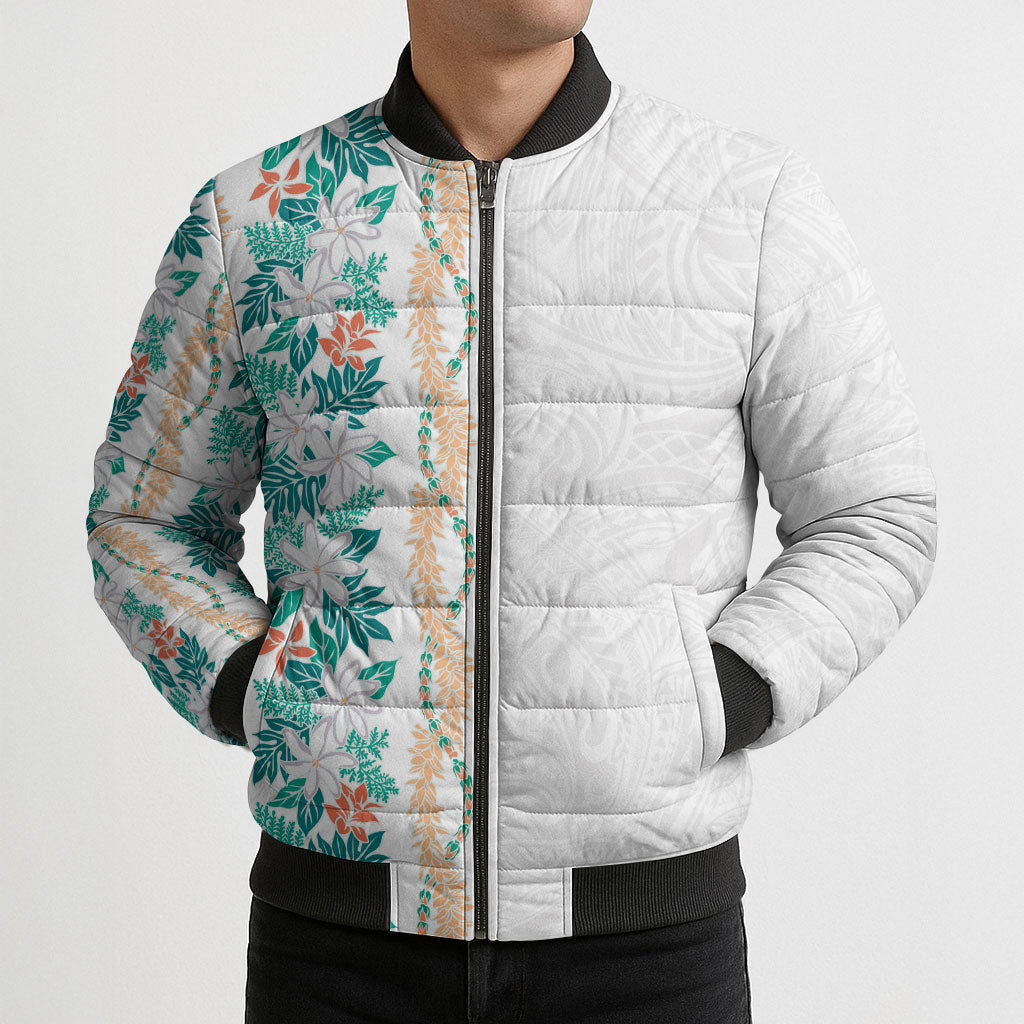 Monstera Tiare Plumeria Bomber Puffer Jacket Teal Polynesian Pattern LT01 - Polynesian Pride