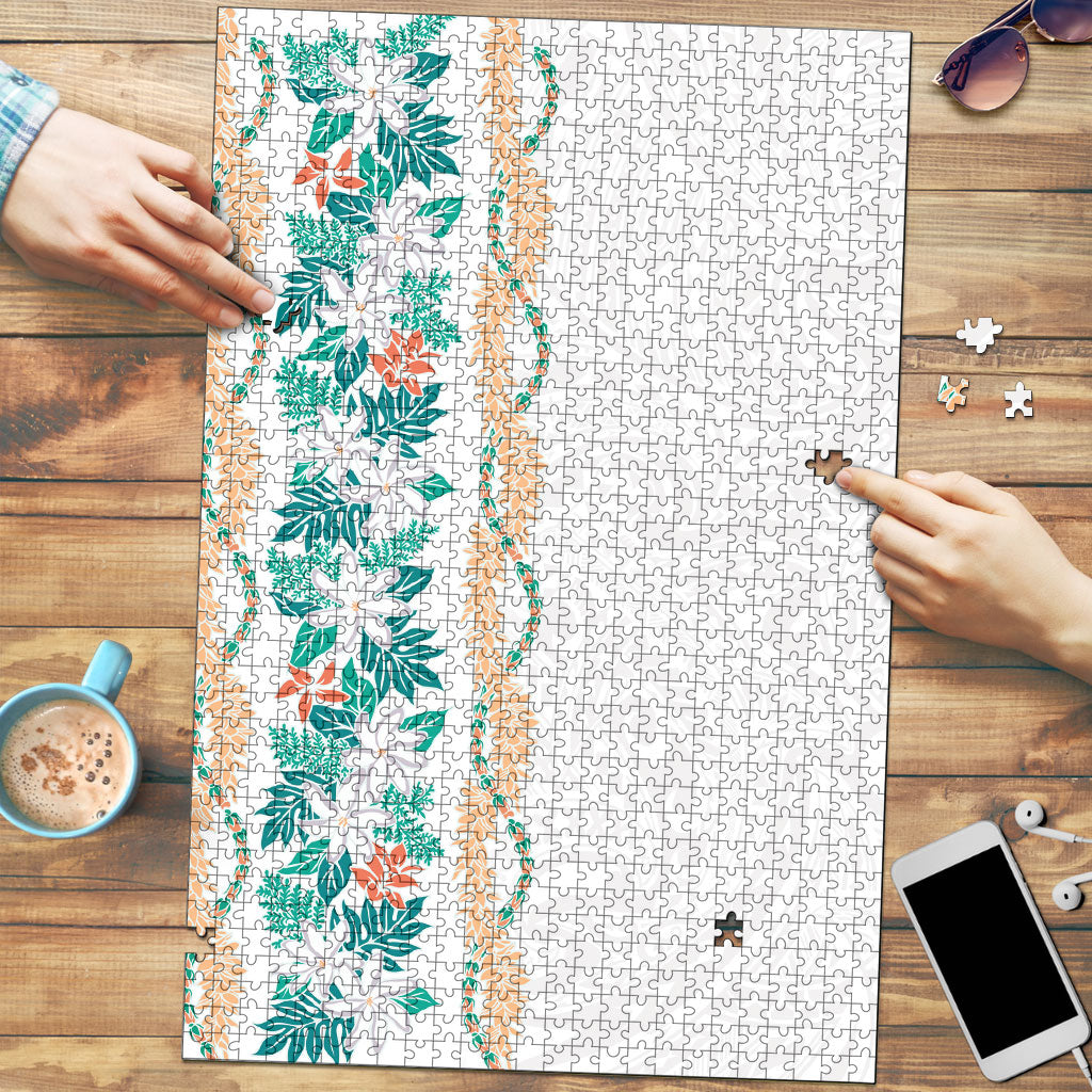 Monstera Tiare Plumeria Puzzle Teal Polynesian Pattern