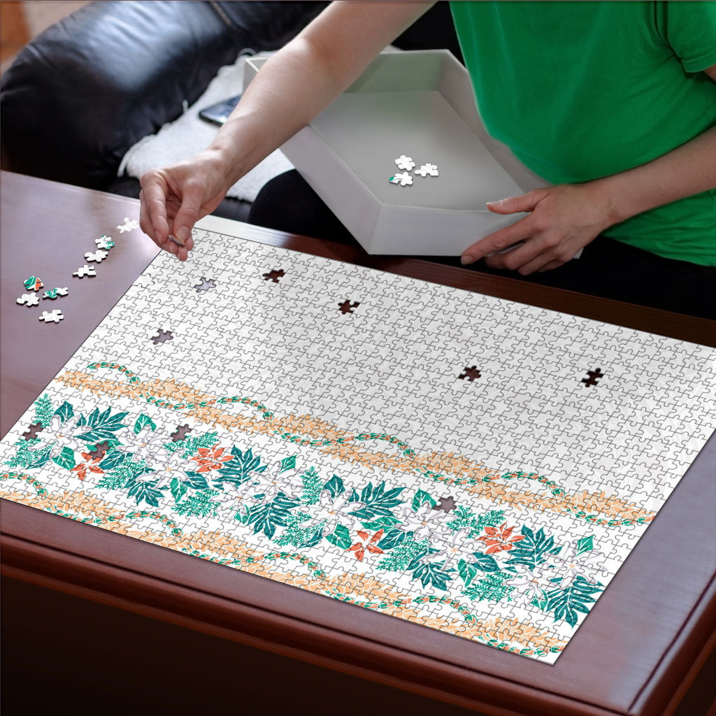 Monstera Tiare Plumeria Puzzle Teal Polynesian Pattern LT01 - Polynesian Pride