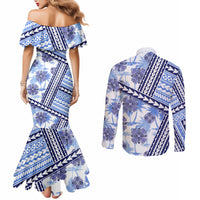 Hawaii Quilt Couples Matching Mermaid Dress and Long Sleeve Button Shirt Kakau Polynesian Pattern Blue Version LT01 - Polynesian Pride
