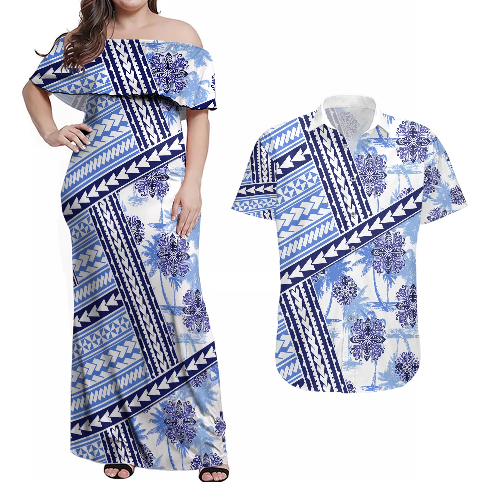 Hawaii Quilt Couples Matching Off Shoulder Maxi Dress and Hawaiian Shirt Kakau Polynesian Pattern Blue Version LT01 Blue - Polynesian Pride