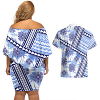 Hawaii Quilt Couples Matching Off Shoulder Short Dress and Hawaiian Shirt Kakau Polynesian Pattern Blue Version LT01 - Polynesian Pride
