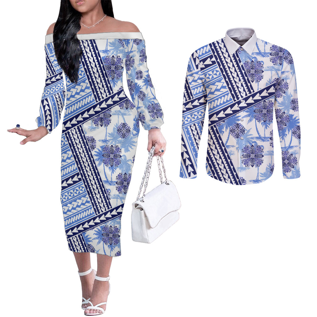 Hawaii Quilt Couples Matching Off The Shoulder Long Sleeve Dress and Long Sleeve Button Shirt Kakau Polynesian Pattern Blue Version LT01 Blue - Polynesian Pride