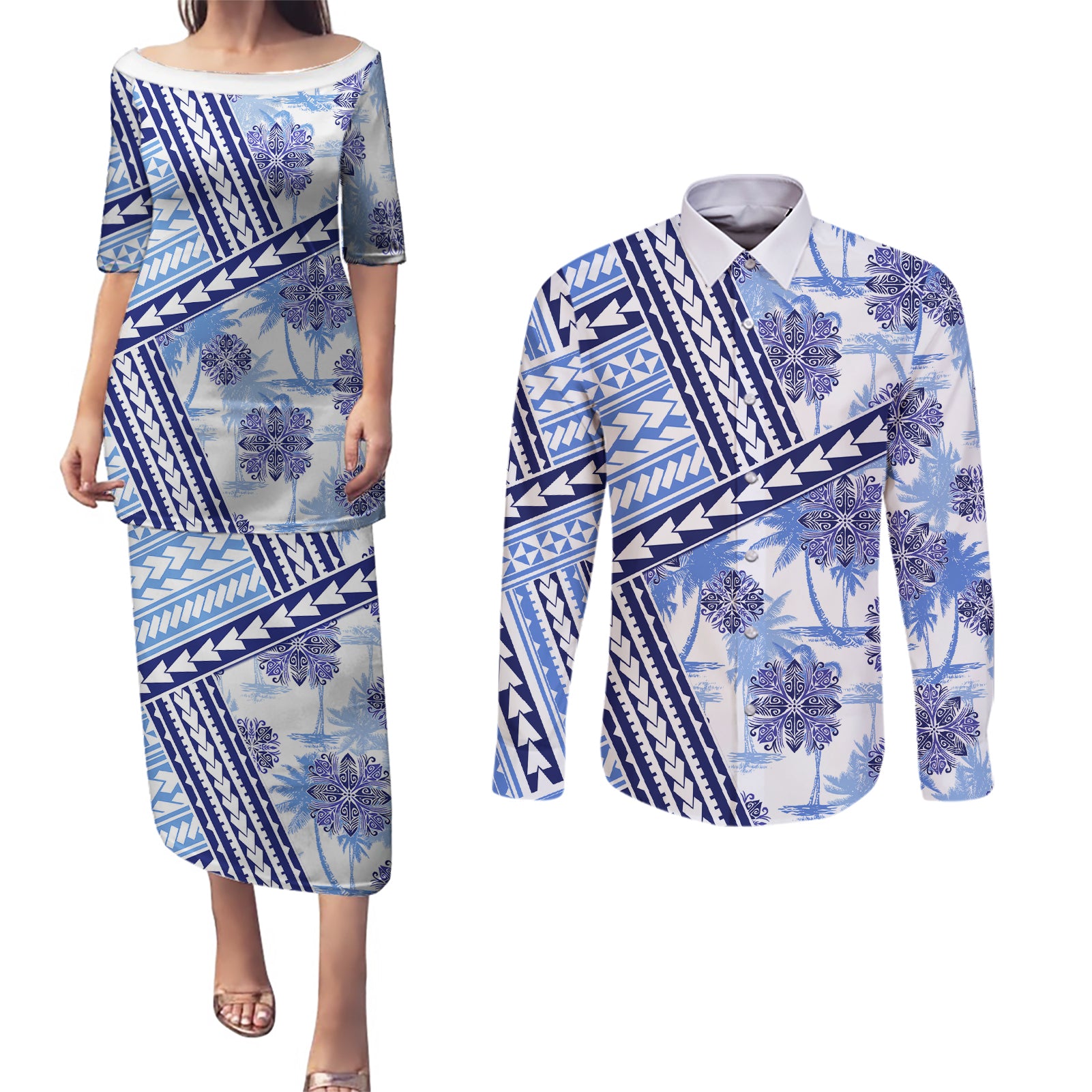 Hawaii Quilt Couples Matching Puletasi Dress and Long Sleeve Button Shirt Kakau Polynesian Pattern Blue Version LT01 Blue - Polynesian Pride