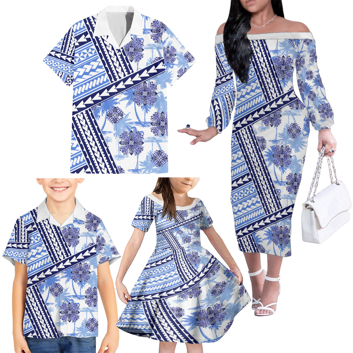 Hawaii Quilt Family Matching Off Shoulder Long Sleeve Dress and Hawaiian Shirt Kakau Polynesian Pattern Blue Version LT01 - Polynesian Pride