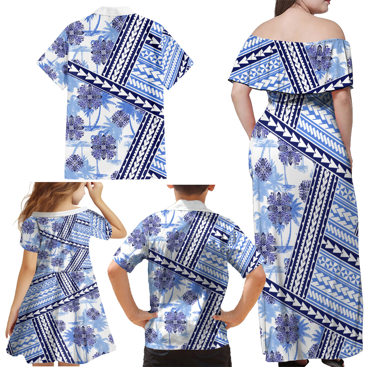 Hawaii Quilt Family Matching Off Shoulder Maxi Dress and Hawaiian Shirt Kakau Polynesian Pattern Blue Version LT01 - Polynesian Pride